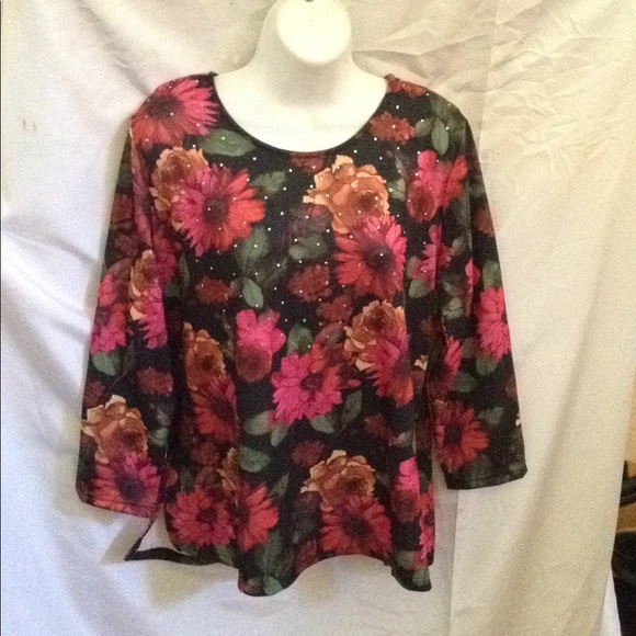 Nwt CATHY petiteFLORAL print 3/4 SLV TOP BLING - Picture 1 of 8